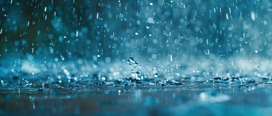 rain falling on the ground, heavy rain blue tones blurry background