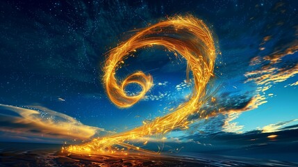Fiery Golden Spiral Twisting Against a Midnight Blue Sky Background