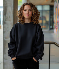 Young woman with black crewneck sweater, urban loft, Los Angeles aesthetic, graffiti background