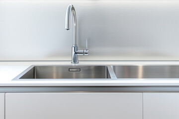 Modern kitchen sink with stainless steel, white background, closeup shot. The sink is positioned in the lower left corner of an empty space on top of a sleek counter surface.