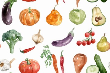 Watercolor vegetable and fruit assortment