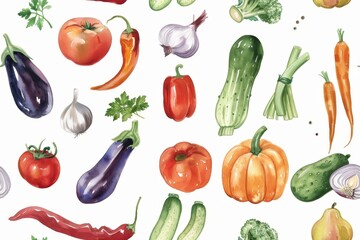 Colorful assortment of fresh vegetables watercolor pattern