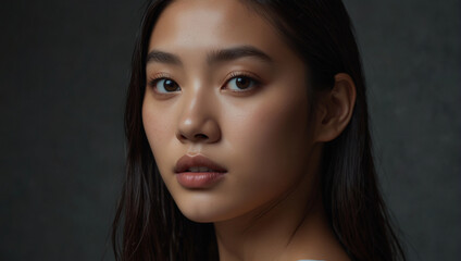 Fototapeta premium Generative Ai, salon advertisement beautiful asian female face cosmetology treatment product cream scrub mask