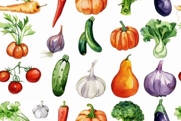 Colorful watercolor assortment of fresh vegetables