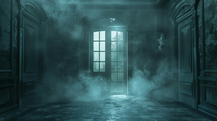 Mysterious misty room with an illuminated doorway.