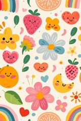 Fototapeta premium Cheerful cartoon patterns with cute fruits and flowers