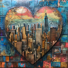 Heart-shaped urban painting with colorful backdrop and skyscrapers.
