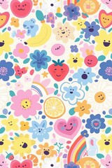 Vibrant seamless pattern with cute smiling fruits, flowers, and rainbows