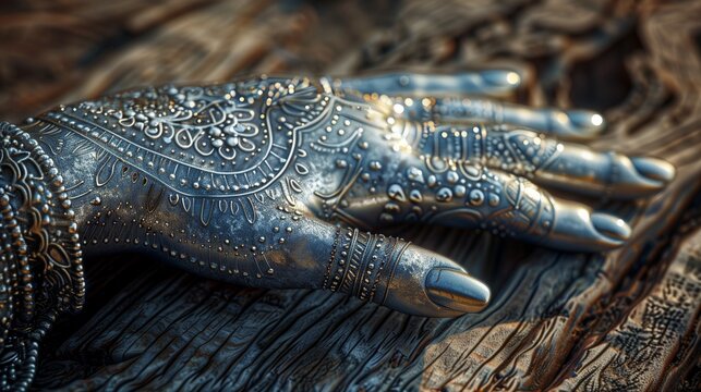 Glistening Silver Hand with Intricate Henna Designs on a Rustic Wooden Table