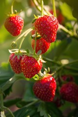 Ripe red strawberries on a branch in the garden