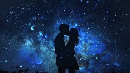Silhouette of a couple with a cosmic backdrop - A beautiful image featuring a couple in an embrace with a vibrant cosmic background, portraying depth and emotions