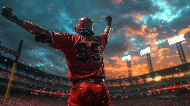 Baseball athlete exulting in a fiery sunset game - A captivating moment of a baseball player exclaiming triumph, set against a dramatic fiery sunset sky in the stadium - Powered by Adobe