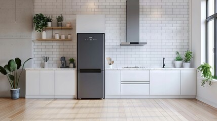 Trendy kitchen setup with elegant black fridge - A contemporary kitchen interior featuring a stylish black refrigerator and white cabinets