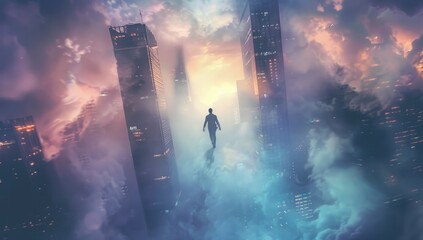 a person floating between buildings with clouds and mist in the background