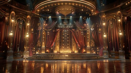 Obraz premium Elegant theater stage with red curtains and lights - A majestic and opulent theater stage with lush red curtains, sparkling lights, and a regal atmosphere inviting prestigious performances