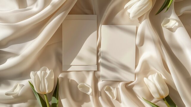 Two white postcards with small white tulips and flower petals around on a baige background.