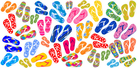 Seamless pattern with colorful flip flops, summer slippers on a white background. Pool shoes background.  Good for textile fabric design, wrapping paper, website wallpapers. Fashion Design 