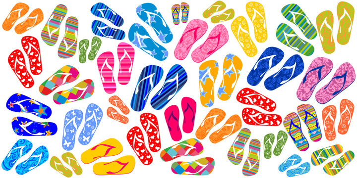 Seamless pattern with colorful flip flops, summer slippers on a white background. Pool shoes background.  Good for textile fabric design, wrapping paper, website wallpapers. Fashion Design 