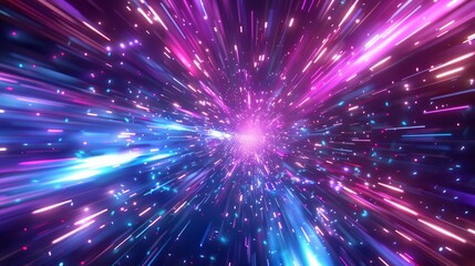 Hyperspace warp speed light effect background. Galaxy hyper space vector velocity tunnel motion. Futuristic travel in cyber universe illustration. Neon highway fast move radial illustration design