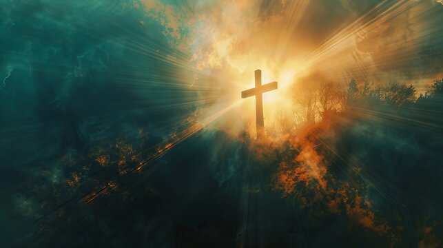 Inspirational double exposure of a cross and a radiant sunrise symbolizing the victory of light over darkness