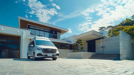 adopt a new concept MPV for its first luxury car, front quarter view, parked in front of a modern