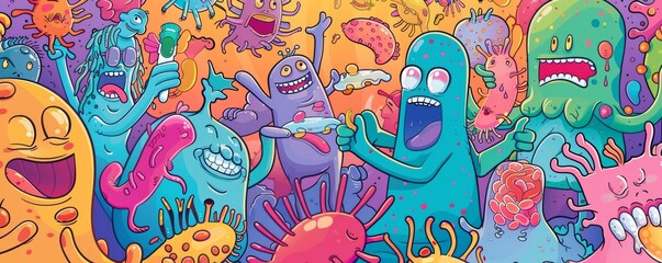 Colorful cartoon germs and bacteria party