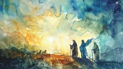 Majestic watercolor depiction of the angels proclaiming the birth of Jesus to the shepherds