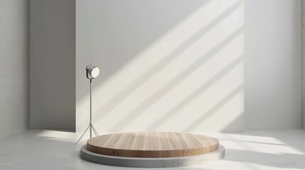 Wooden announcement podium illuminated by spotlights in a white studio room, providing a platform for public speaking or presentations.