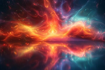 This image captures reflective abstract waves glowing with vibrant, fiery colors and dynamic motion