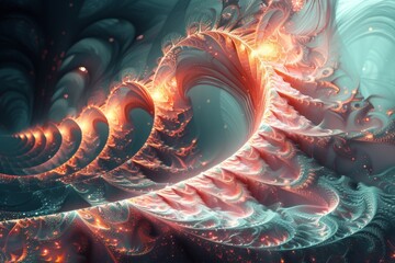 An intricate fractal image with swirling spirals in fiery crimson and cool teal, invoking a sense of complex elegance