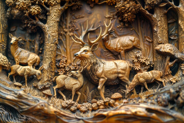 Close-up photo of a detailed timber carving of a forest scene, showcasing trees and wildlife. AI generated.