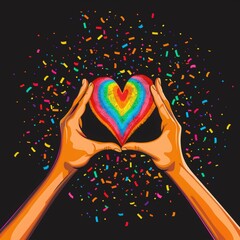 lgbt hands making heart shape flat design background vector illustration with confetti, rainbow color on black background