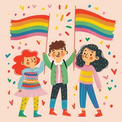 Pride Day themed illustration of three diverse people holding up the rainbow flag with "proud" written on it. In the background there's clouds and peace signs and rainbows.