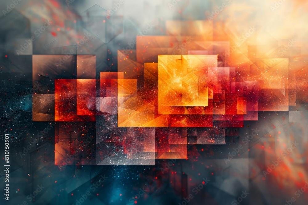 Poster multiple overlapping geometric shapes create a complex abstract background with a blend of digital a
