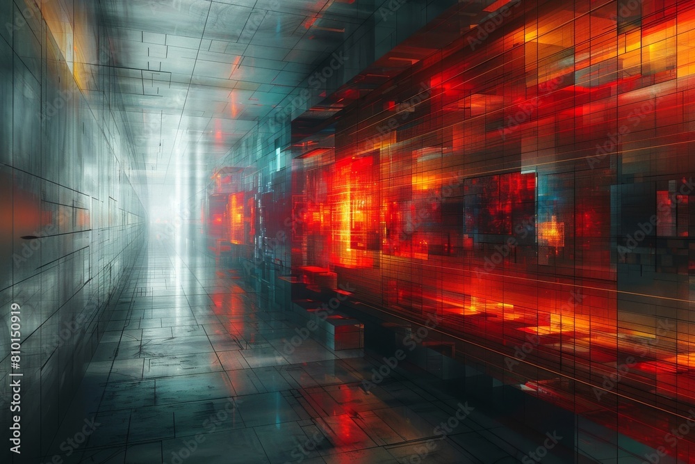 Poster a corridor with abstract digital data blocks in motion, portraying a futuristic and technological co