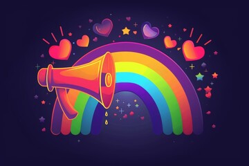 Pride Day themed rainbow, megaphone, peace sign and hearts vector illustration in the style of flat design on background with pride flag pattern. Simple geometric shapes forming an lgbtq+ symbol.