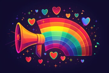 Pride Day themed rainbow, megaphone, peace sign and hearts vector illustration in the style of flat design on background with pride flag pattern. Simple geometric shapes forming an lgbtq+ symbol.
