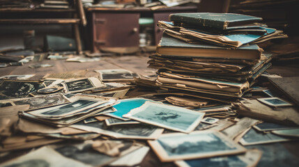 Cluttered array of old, faded photographs and documents spread out on a desk, evoking a sense of history and nostalgia.