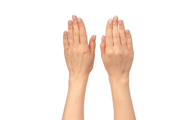 Woman hands  isolated on a white background. Nude nail polish.
