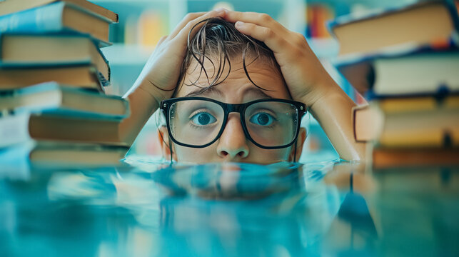 Young boy with glasses overwhelmed, his head emerging from water surrounded by piles of books, evoking a sense of academic pressure.