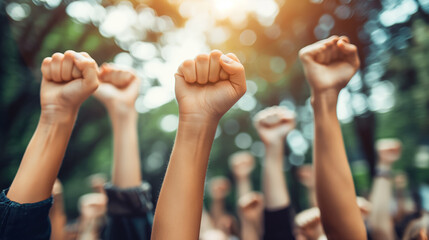 Multiple raised fists of diverse individuals captured at a protest, bathed in the sunlight, symbolizing unity and strength in collective action.
