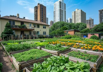 Fototapeta premium Urban farming embraces community gardens, vertical farming, and rooftop agriculture, promoting sustainable food production in cities