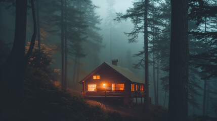 Secluded cabin illuminated warmly, nestled in a misty, dense forest, creating a mysterious and tranquil escape into nature.