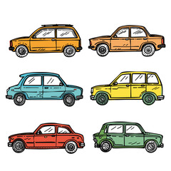 Six colorful cartoon cars side view. Vintage automobiles collection, classic design. Different car types, colors, hatchback, sedan, isolated white background