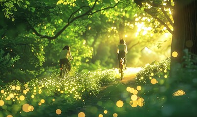 close-up of a person riding a bicycle on a sunlit path through a lush green forest