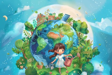 Obraz premium Young Girl Caring for the Earth with Renewable Energy and Nature, Eco-Friendly Concept 