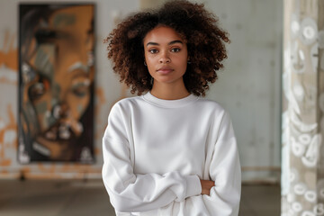 African American woman wearing white crewneck sweater for mockup, artist background with painting