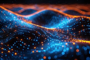 An abstract image with dynamic fiery orange digital waves and blue highlights