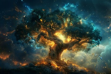 Otherworldly tree glowing with cosmic energy - A vibrant tree full of life and cosmic energy against a backdrop of stars and nebulae, evoking mysticism and wonder