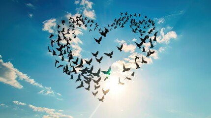 Silhouette of flying flock birds in shape heart against blue sky background.